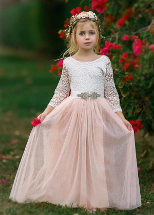 Ivory Lace Blush Pink Tulle V Back Wedding Flower Girl Dress